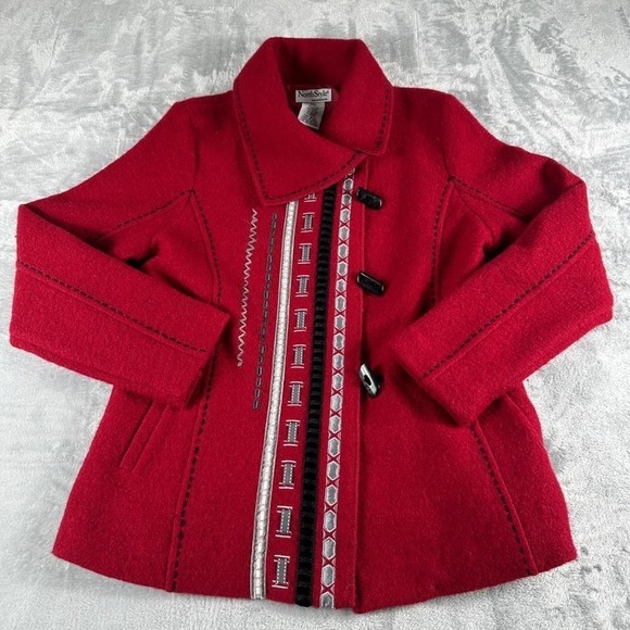 NorthStyle 100% Wool Jacket Women's Medium Red Nordic Boho Artistic Eclectic - Picture 3 of 5